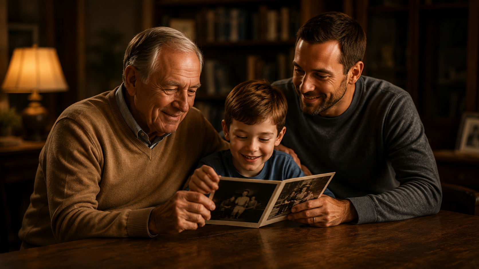 Grand, Son and Grandson look over old photos from grandpas childhood.